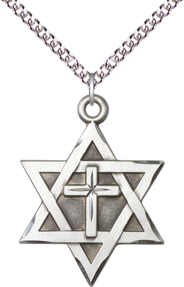 Sterling Silver Star of David w/ Cross Pendant on a 24 inch Sterling Silver Heavy Curb chain