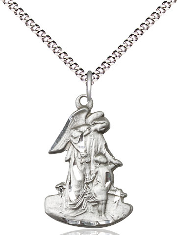 Sterling Silver Guardian Angel Pendant on a 18 inch Light Rhodium Light Curb chain