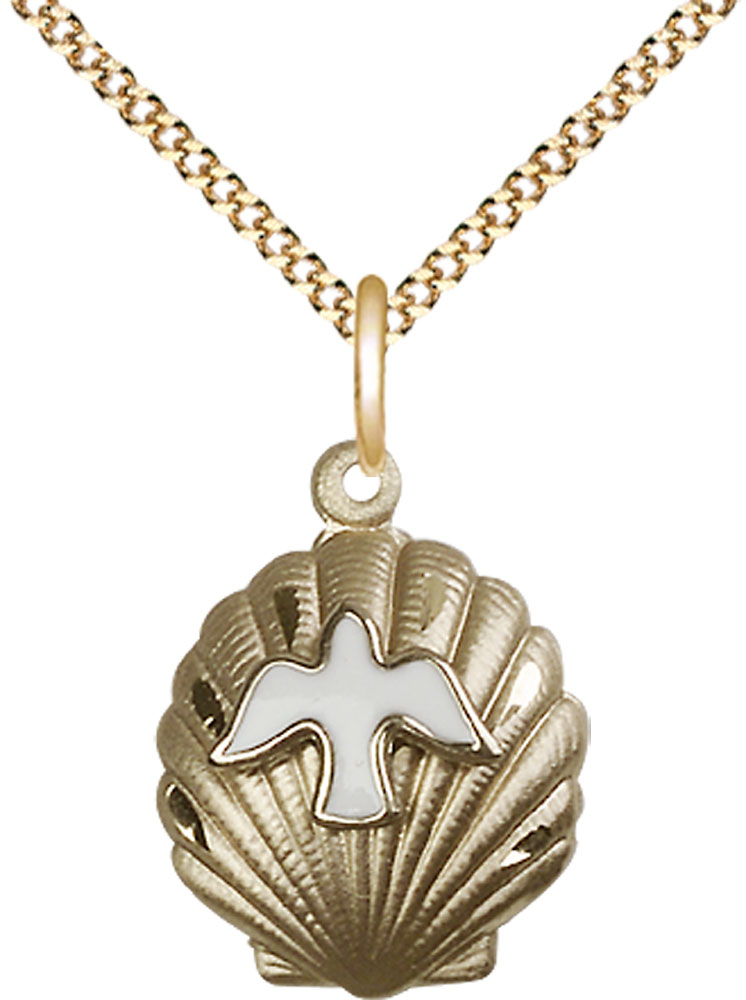 14kt Gold Filled Shell / Holy Spirit Pendant on a 18 inch Gold Plate Light Curb chain