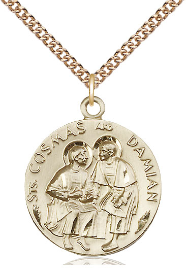 14kt Gold Filled Saints Cosmas &amp; Damian Pendant on a 24 inch Gold Filled Heavy Curb chain