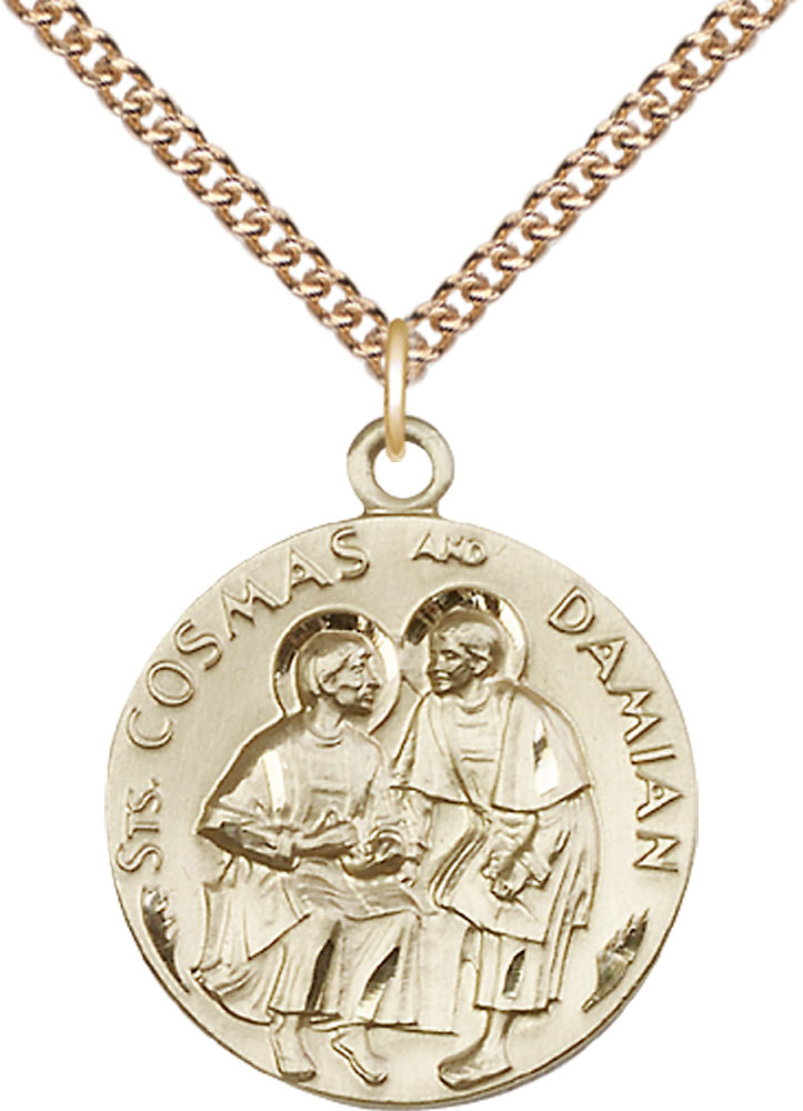 14kt Gold Filled Saints Cosmas &amp; Damian Pendant on a 24 inch Gold Filled Heavy Curb chain