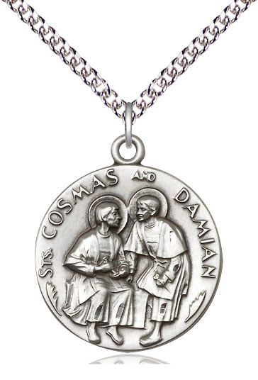 Sterling Silver Saints Cosmas &amp; Damian Pendant on a 24 inch Sterling Silver Heavy Curb chain