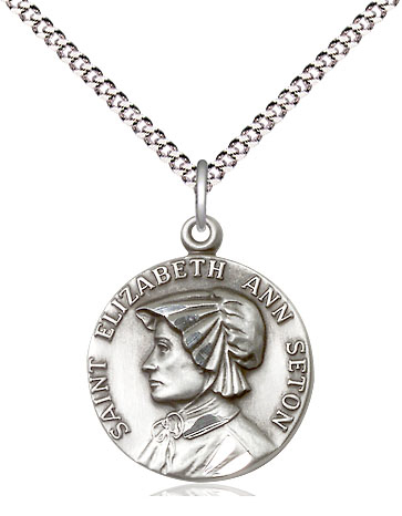 Sterling Silver Saint Elizabeth Ann Seton Pendant on a 18 inch Light Rhodium Light Curb chain