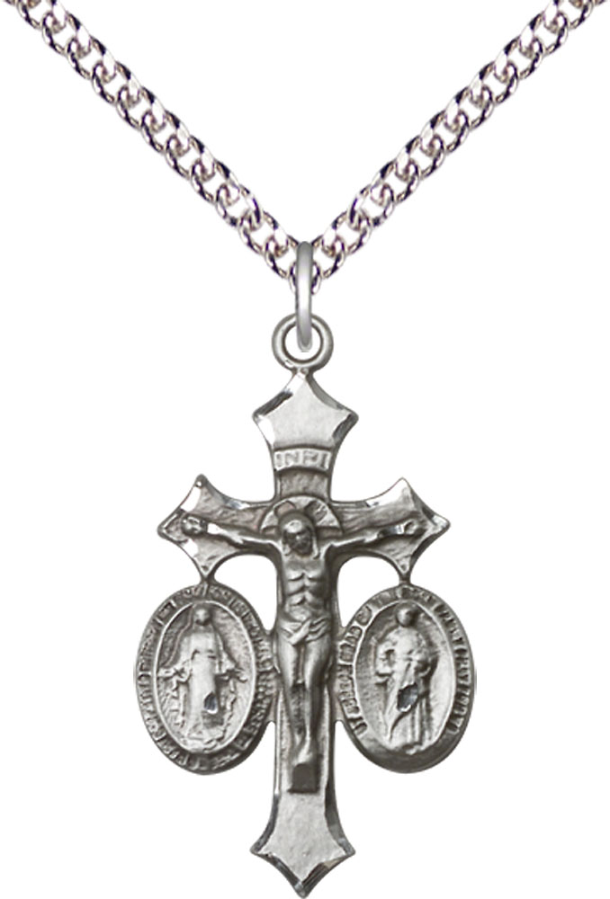 Sterling Silver Jesus, Mary &amp; Joseph Pendant on a 24 inch Sterling Silver Heavy Curb chain