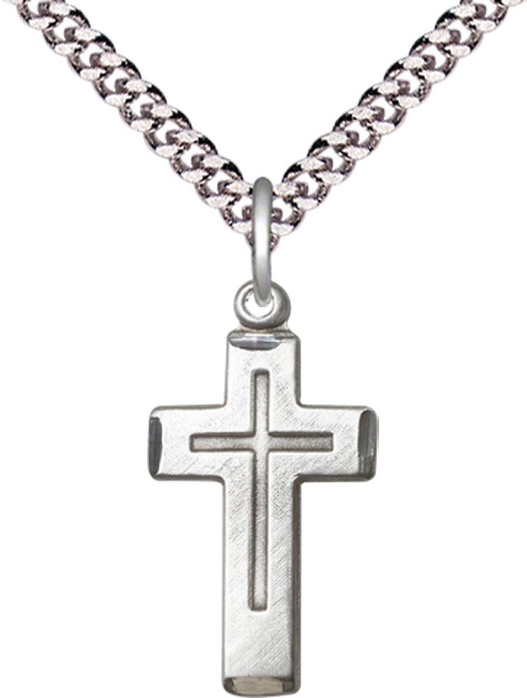 Sterling Silver Cross Pendant on a 24 inch Light Rhodium Heavy Curb chain