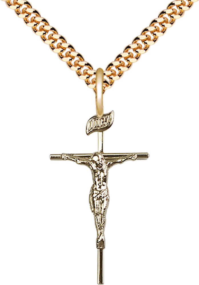 14kt Gold Filled Crucifix Pendant on a 24 inch Gold Plate Heavy Curb chain