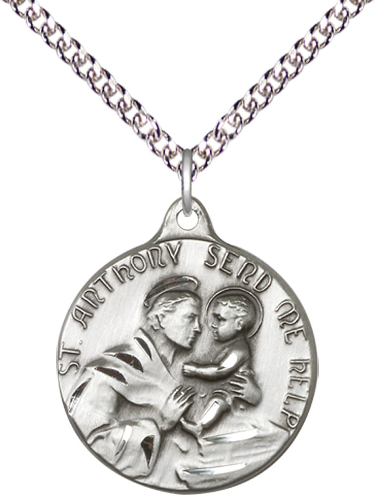 Sterling Silver Saint Anthony Pendant on a 24 inch Sterling Silver Heavy Curb chain