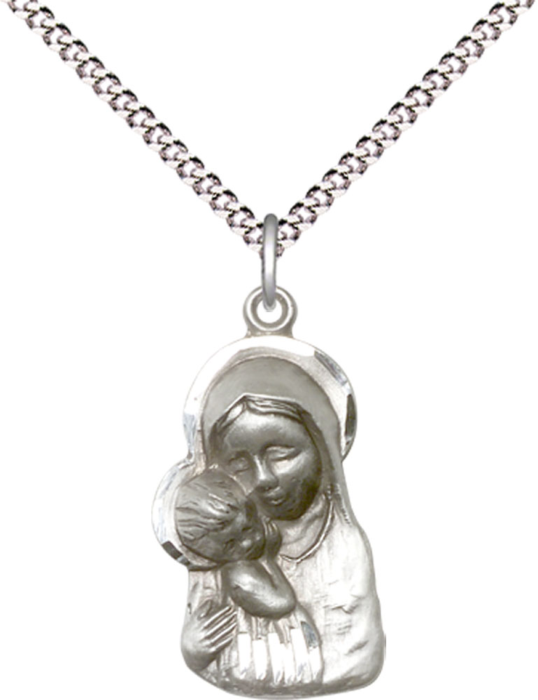 Sterling Silver Madonna &amp; Child Pendant on a 18 inch Light Rhodium Light Curb chain