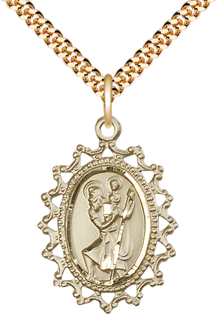 14kt Gold Filled Saint Christopher Pendant on a 24 inch Gold Plate Heavy Curb chain