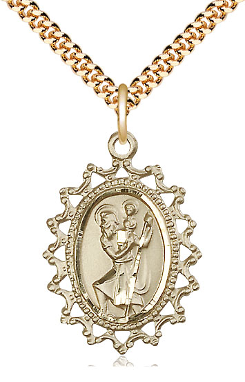14kt Gold Filled Saint Christopher Pendant on a 24 inch Gold Plate Heavy Curb chain