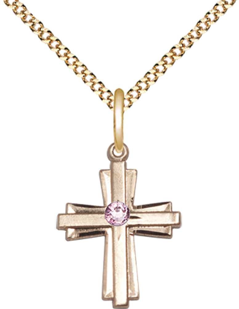 14kt Gold Filled Cross Pendant with a 3mm Light Amethyst Swarovski stone on a 18 inch Gold Plate Light Curb chain