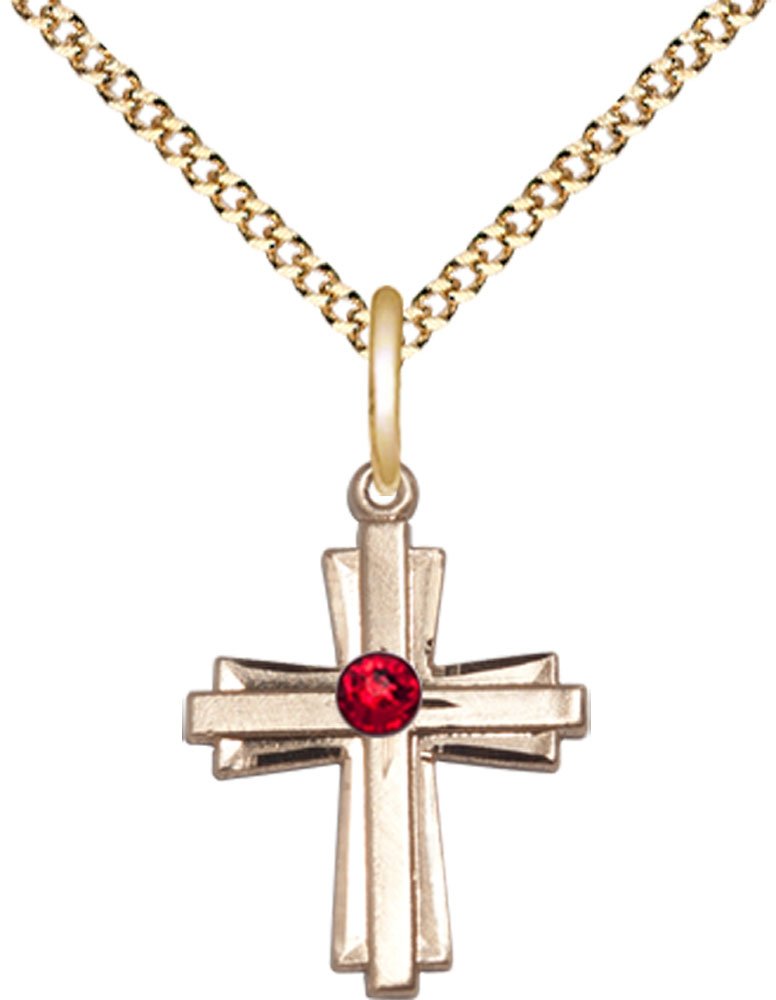 14kt Gold Filled Cross Pendant with a 3mm Ruby Swarovski stone on a 18 inch Gold Plate Light Curb chain