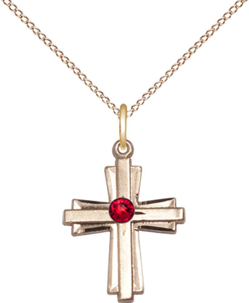 14kt Gold Filled Cross Pendant with a 3mm Ruby Swarovski stone on a 18 inch Gold Filled Light Curb chain
