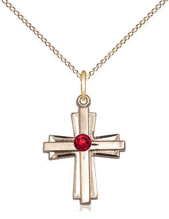 14kt Gold Filled Cross Pendant with a 3mm Ruby Swarovski stone on a 18 inch Gold Filled Light Curb chain
