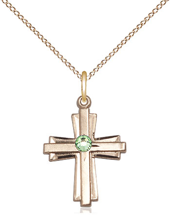 14kt Gold Filled Cross Pendant with a 3mm Peridot Swarovski stone on a 18 inch Gold Filled Light Curb chain