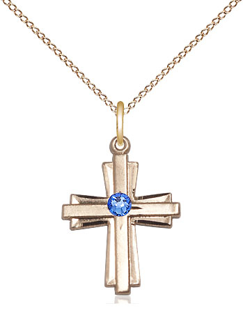 14kt Gold Filled Cross Pendant with a 3mm Sapphire Swarovski stone on a 18 inch Gold Filled Light Curb chain