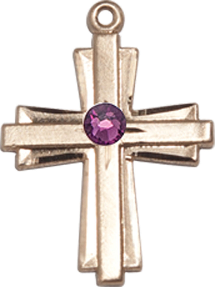 14kt Gold Cross Medal with a 3mm Amethyst Swarovski stone