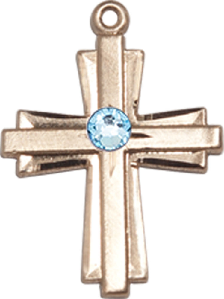 14kt Gold Cross Medal with a 3mm Aqua Swarovski stone