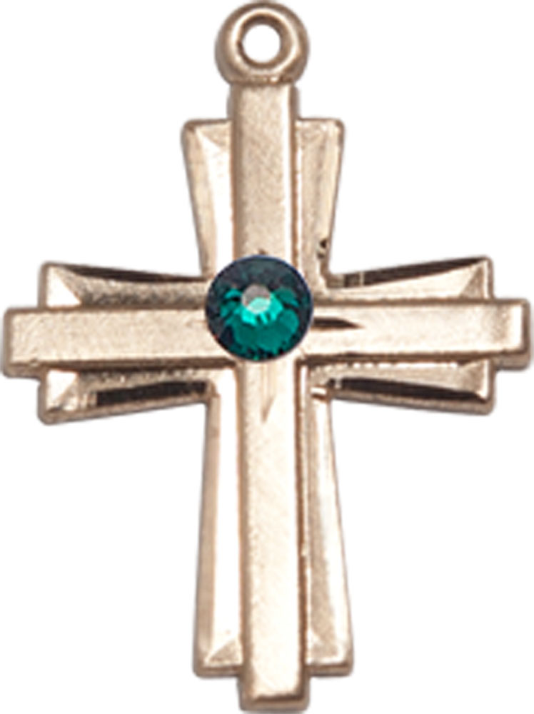 14kt Gold Cross Medal with a 3mm Emerald Swarovski stone