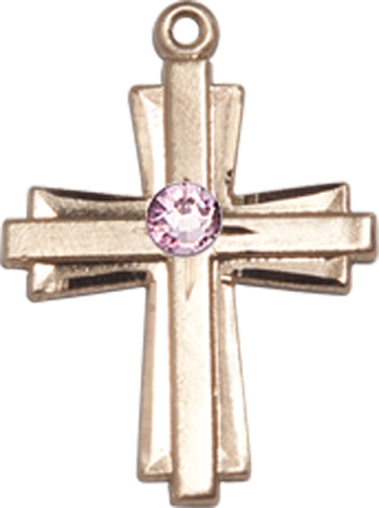 14kt Gold Cross Medal with a 3mm Light Amethyst Swarovski stone