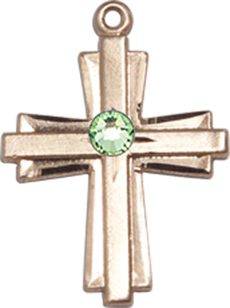14kt Gold Cross Medal with a 3mm Peridot Swarovski stone