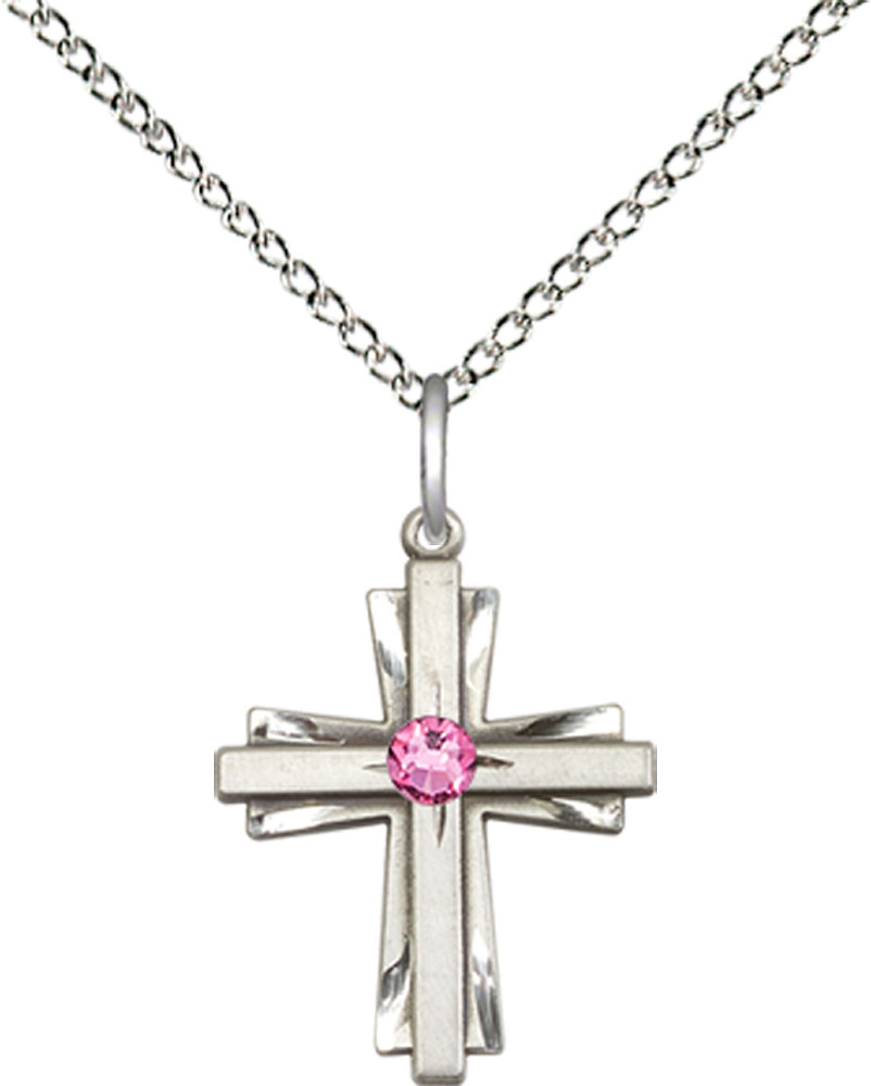 Sterling Silver Cross Pendant with a 3mm Rose Swarovski stone on a 18 inch Sterling Silver Light Curb chain