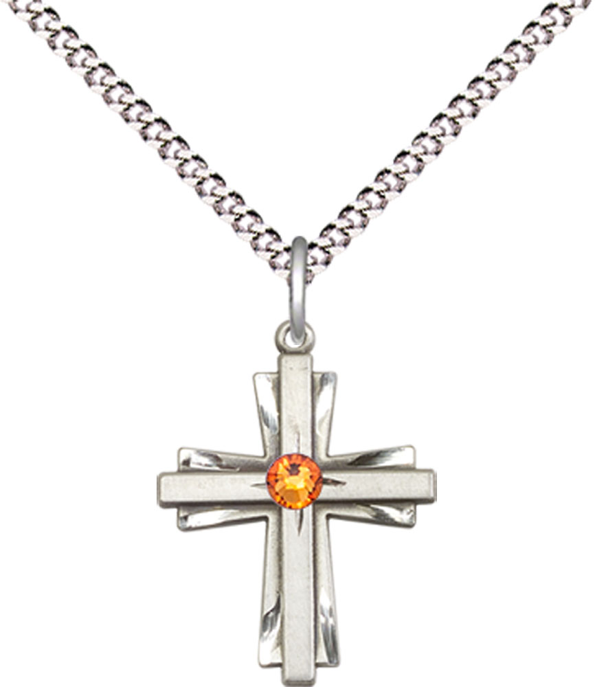 Sterling Silver Cross Pendant with a 3mm Topaz Swarovski stone on a 18 inch Light Rhodium Light Curb chain
