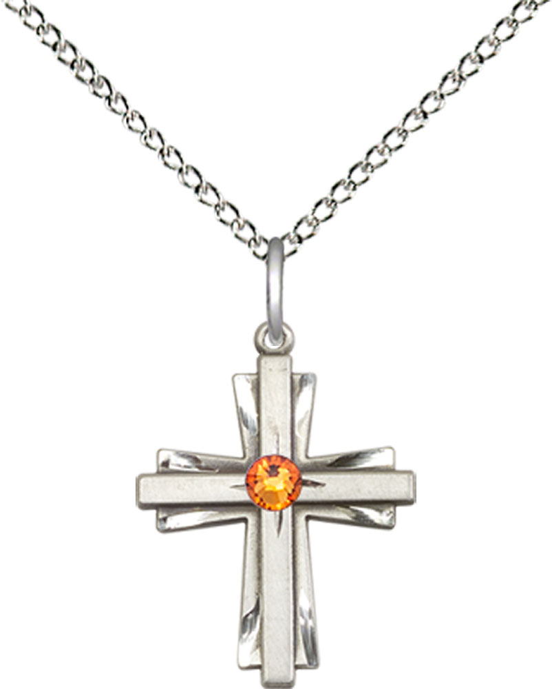 Sterling Silver Cross Pendant with a 3mm Topaz Swarovski stone on a 18 inch Sterling Silver Light Curb chain