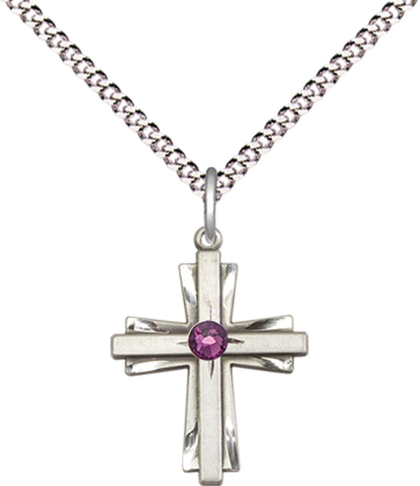 Sterling Silver Cross Pendant with a 3mm Amethyst Swarovski stone on a 18 inch Light Rhodium Light Curb chain