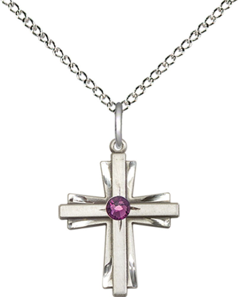 Sterling Silver Cross Pendant with a 3mm Amethyst Swarovski stone on a 18 inch Sterling Silver Light Curb chain