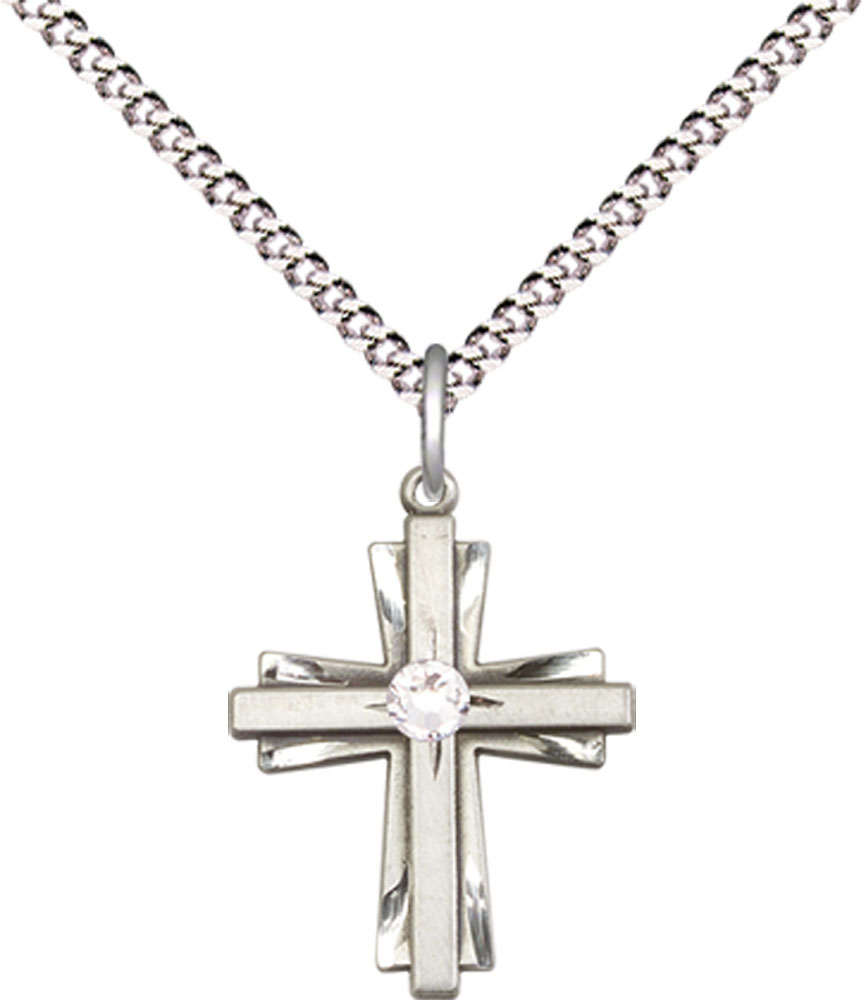Sterling Silver Cross Pendant with a 3mm Crystal Swarovski stone on a 18 inch Light Rhodium Light Curb chain