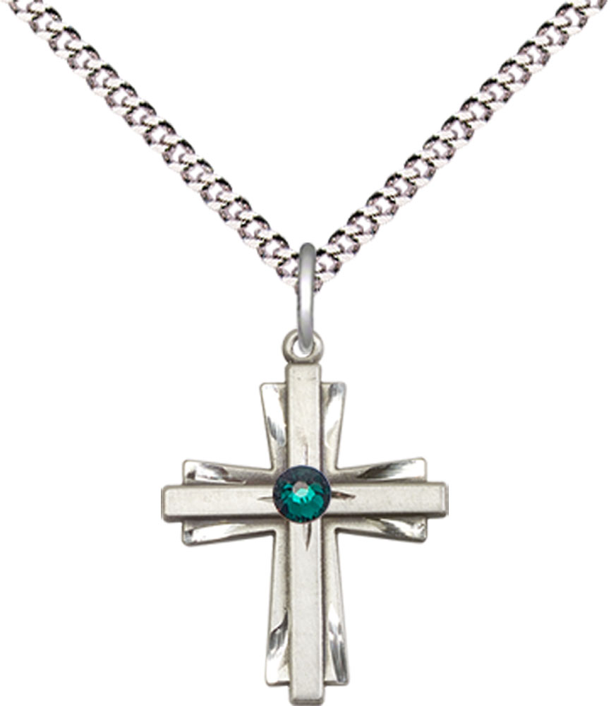 Sterling Silver Cross Pendant with a 3mm Emerald Swarovski stone on a 18 inch Light Rhodium Light Curb chain