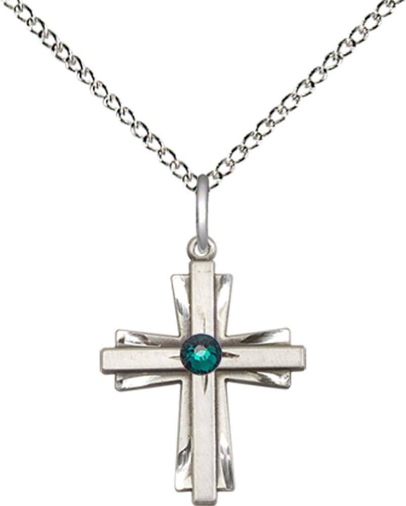 Sterling Silver Cross Pendant with a 3mm Emerald Swarovski stone on a 18 inch Sterling Silver Light Curb chain