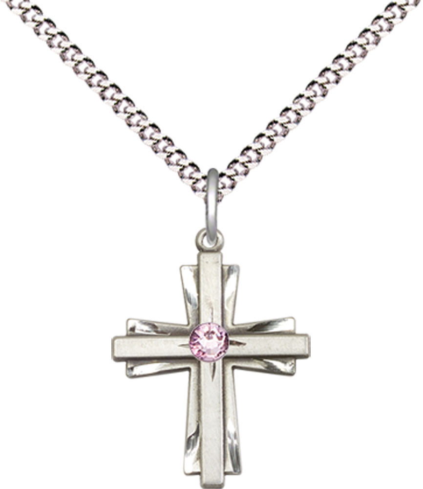 Sterling Silver Cross Pendant with a 3mm Light Amethyst Swarovski stone on a 18 inch Light Rhodium Light Curb chain