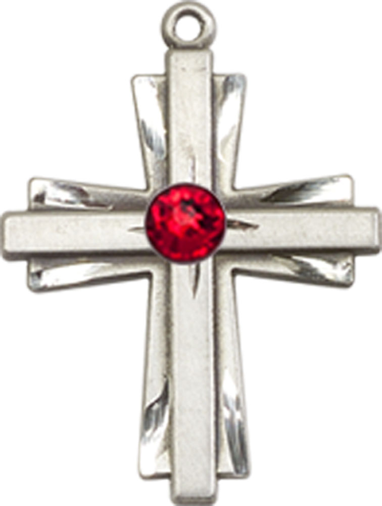 Sterling Silver Cross Medal with a 3mm Ruby Swarovski stone