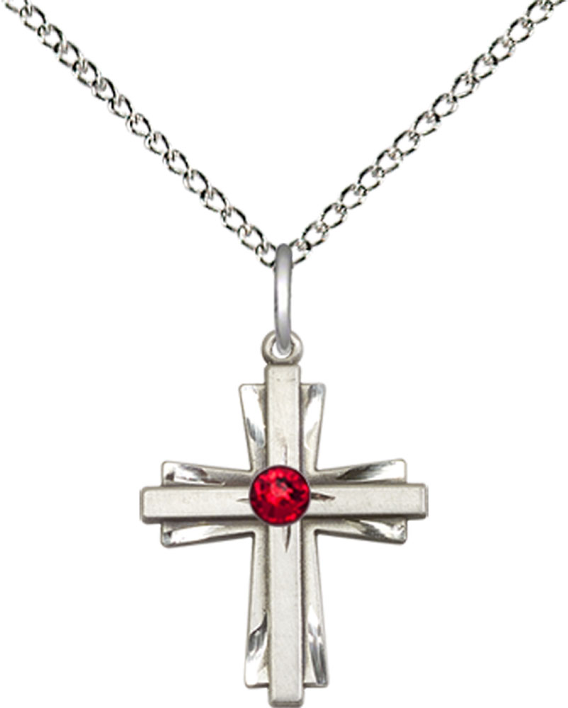 Sterling Silver Cross Pendant with a 3mm Ruby Swarovski stone on a 18 inch Sterling Silver Light Curb chain