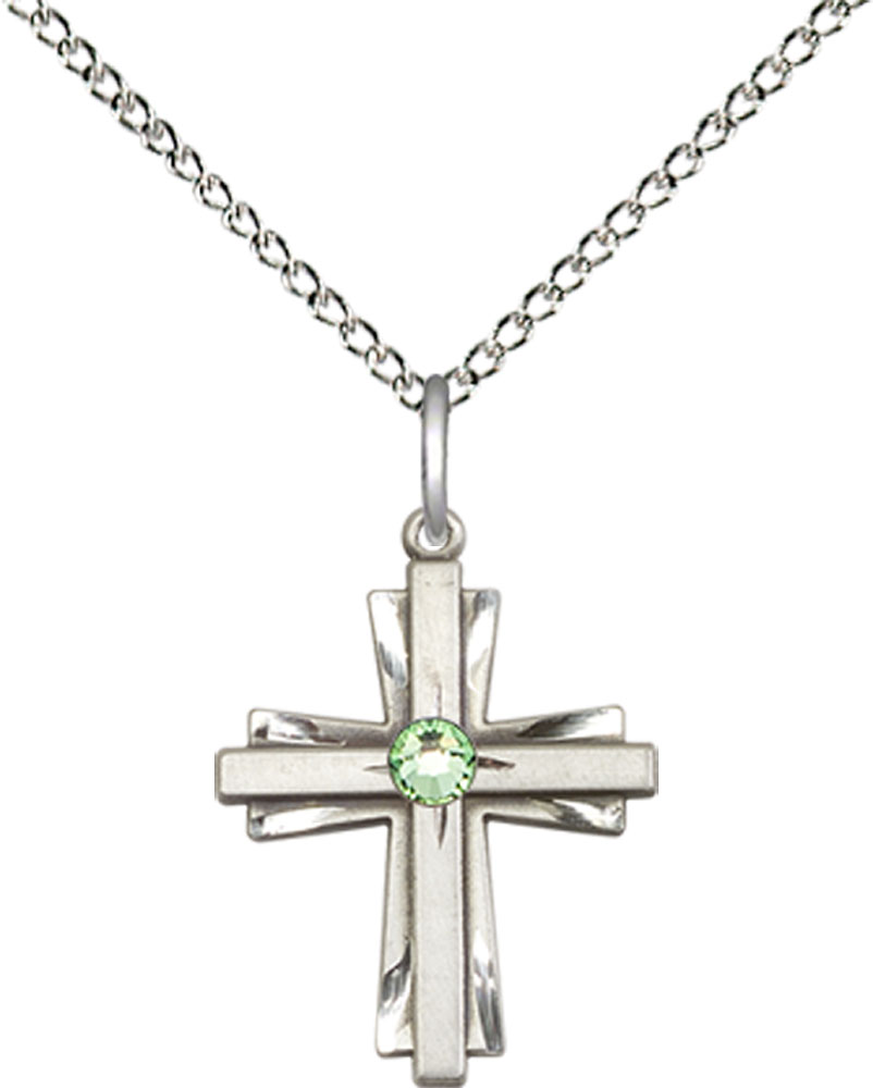 Sterling Silver Cross Pendant with a 3mm Peridot Swarovski stone on a 18 inch Sterling Silver Light Curb chain