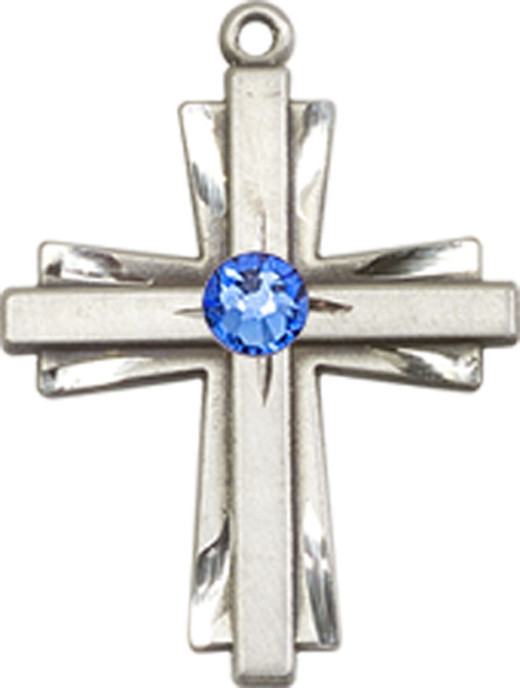 Sterling Silver Cross Medal with a 3mm Sapphire Swarovski stone