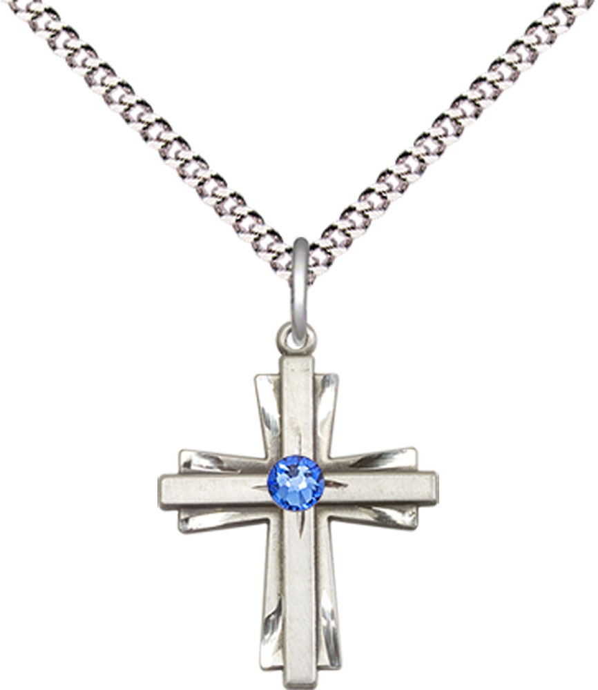 Sterling Silver Cross Pendant with a 3mm Sapphire Swarovski stone on a 18 inch Light Rhodium Light Curb chain