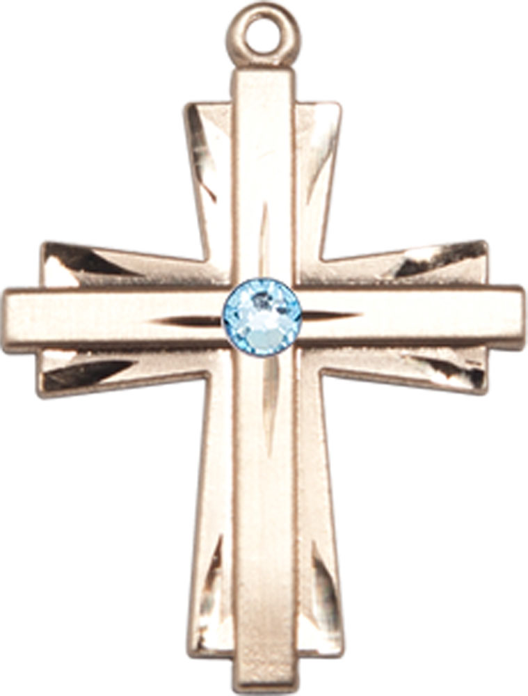 14kt Gold Filled Cross Medal with a 3mm Aqua Swarovski stone