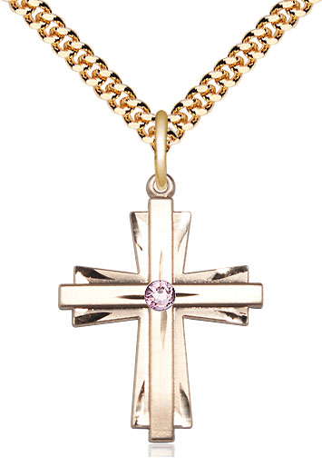 14kt Gold Filled Cross Pendant with a 3mm Light Amethyst Swarovski stone on a 24 inch Gold Plate Heavy Curb chain