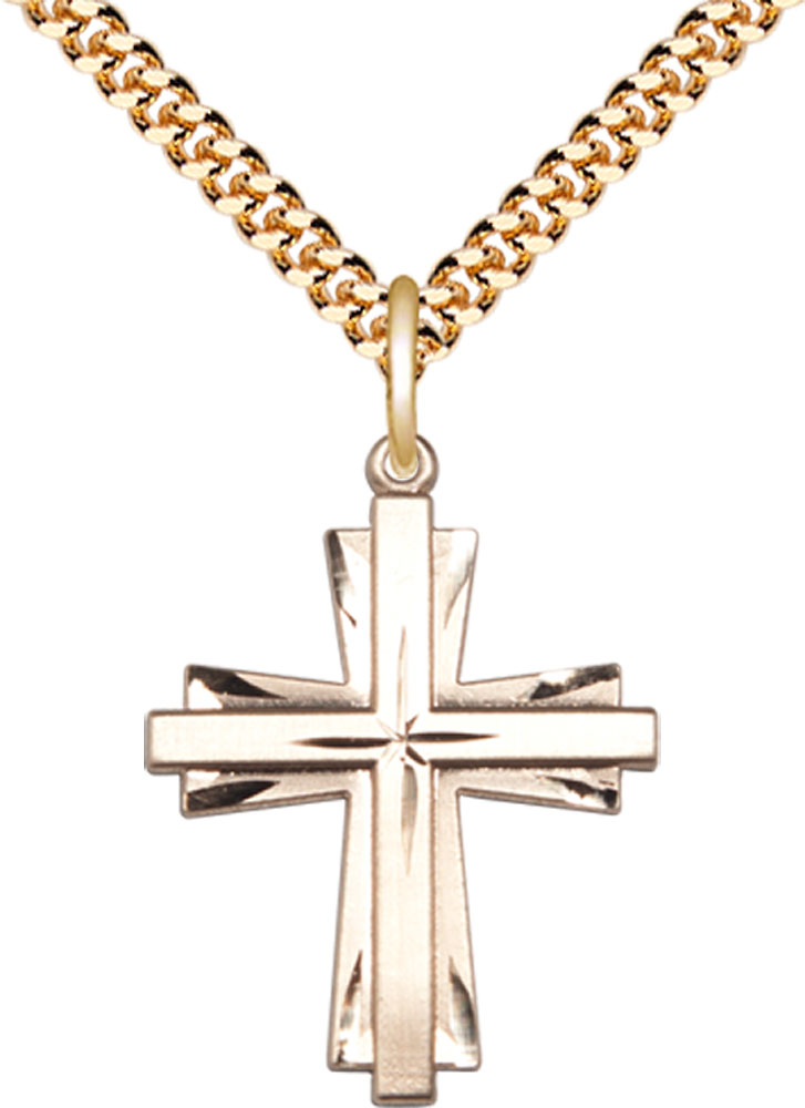 14kt Gold Filled Cross Pendant on a 24 inch Gold Plate Heavy Curb chain