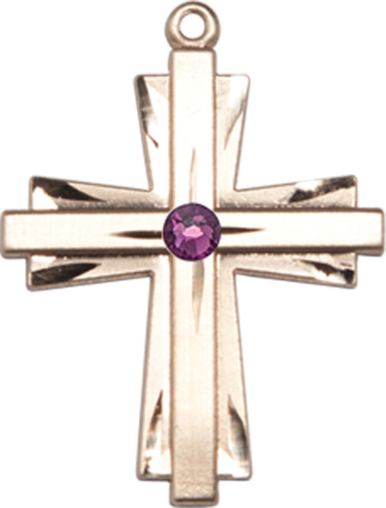 14kt Gold Cross Medal with a 3mm Amethyst Swarovski stone