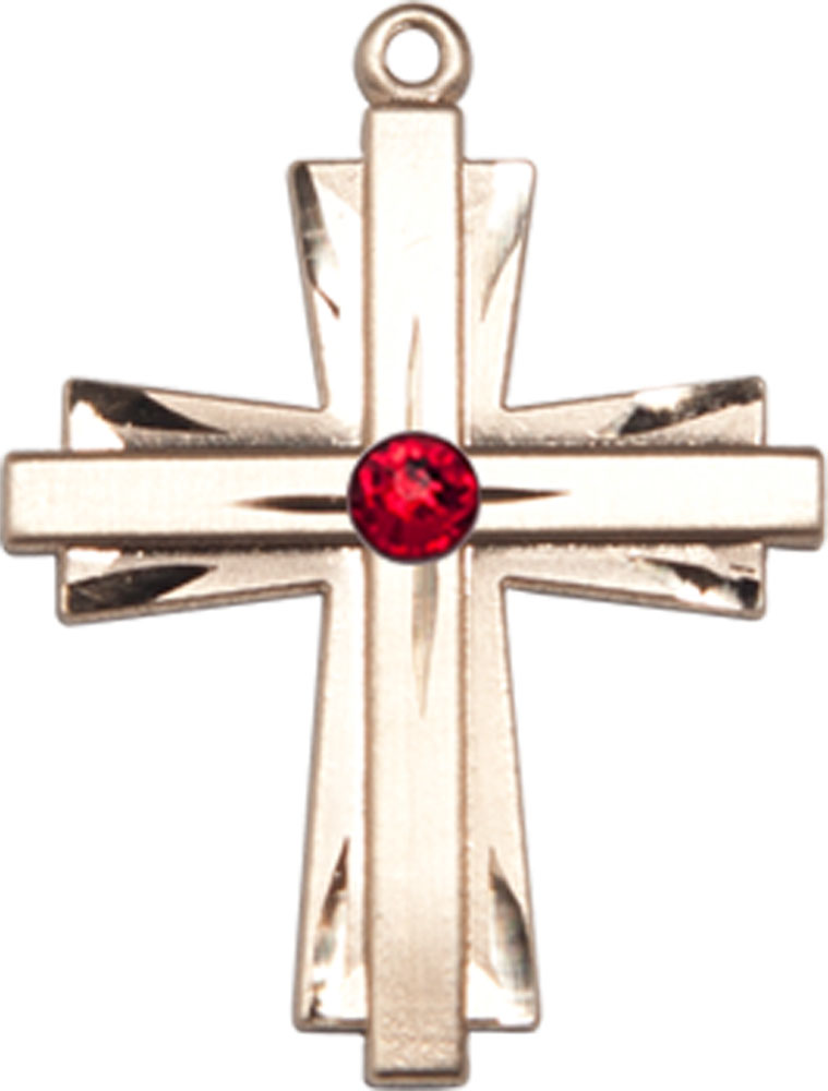 14kt Gold Cross Medal with a 3mm Ruby Swarovski stone