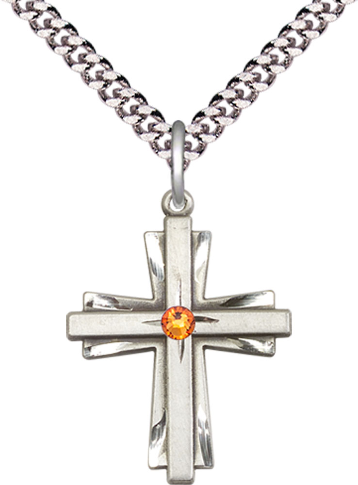 Sterling Silver Cross Pendant with a 3mm Topaz Swarovski stone on a 24 inch Light Rhodium Heavy Curb chain