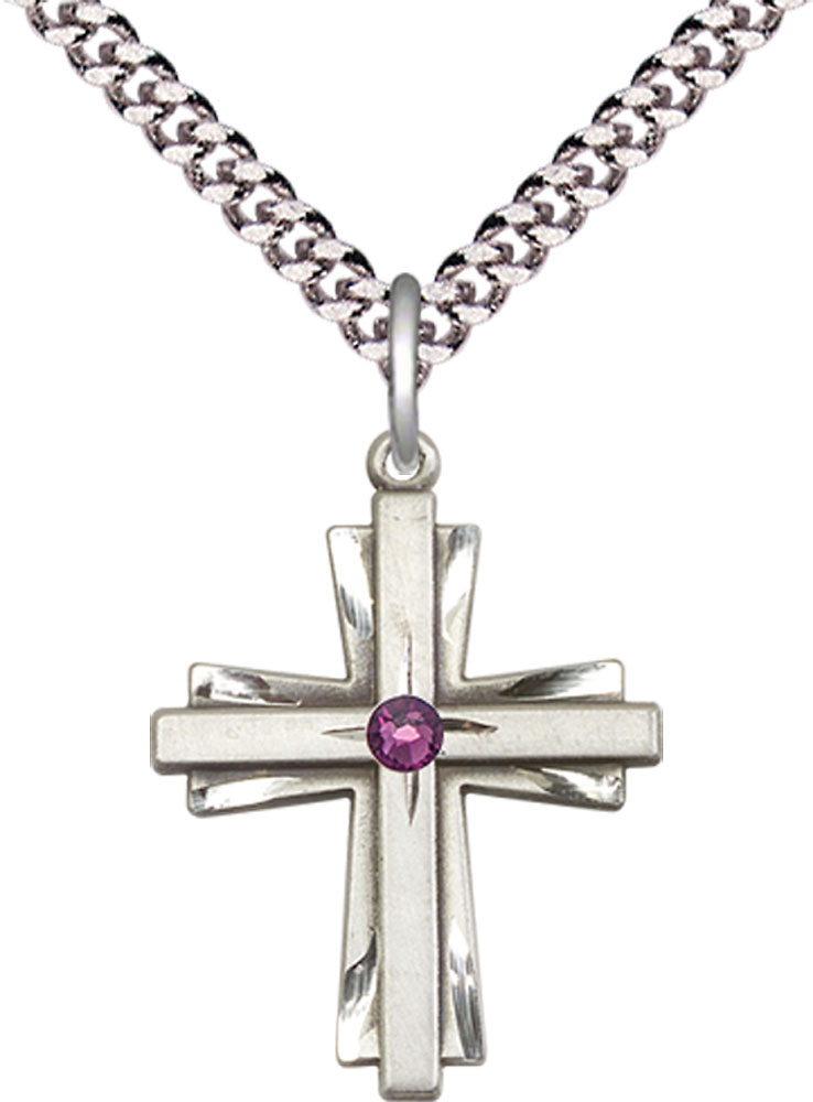 Sterling Silver Cross Pendant with a 3mm Amethyst Swarovski stone on a 24 inch Light Rhodium Heavy Curb chain
