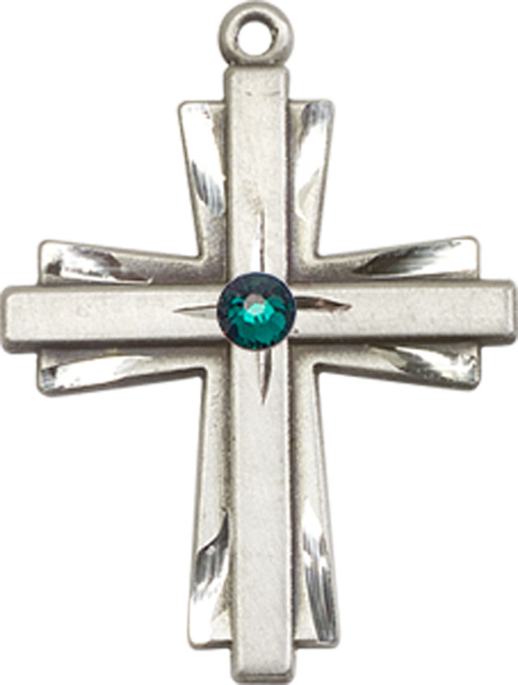 Sterling Silver Cross Medal with a 3mm Emerald Swarovski stone