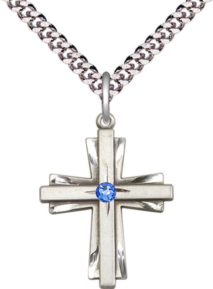 Sterling Silver Cross Pendant with a 3mm Sapphire Swarovski stone on a 24 inch Light Rhodium Heavy Curb chain