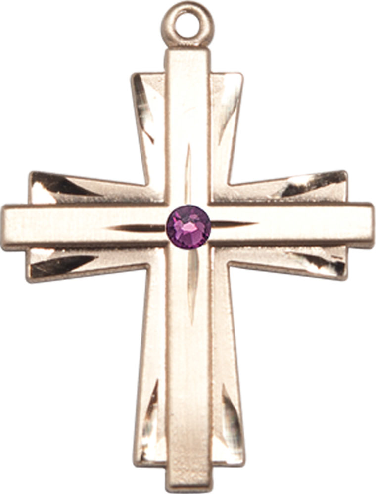 14kt Gold Cross Medal with a 3mm Amethyst Swarovski stone