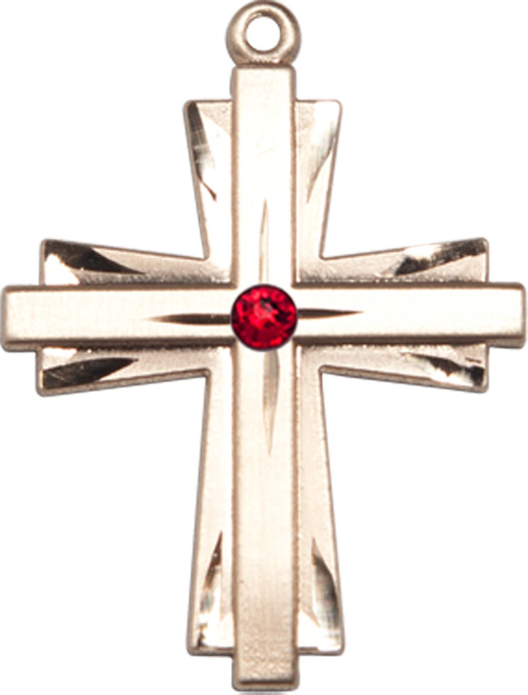 14kt Gold Cross Medal with a 3mm Ruby Swarovski stone